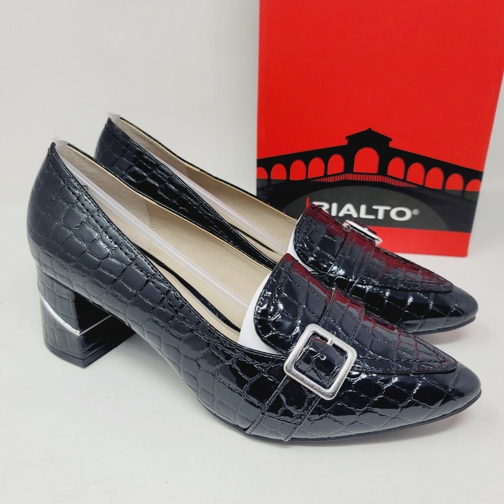 RIALTO Women's Pumps Sz 9 M Pointed Toe Foremost Black Croc Print Patent